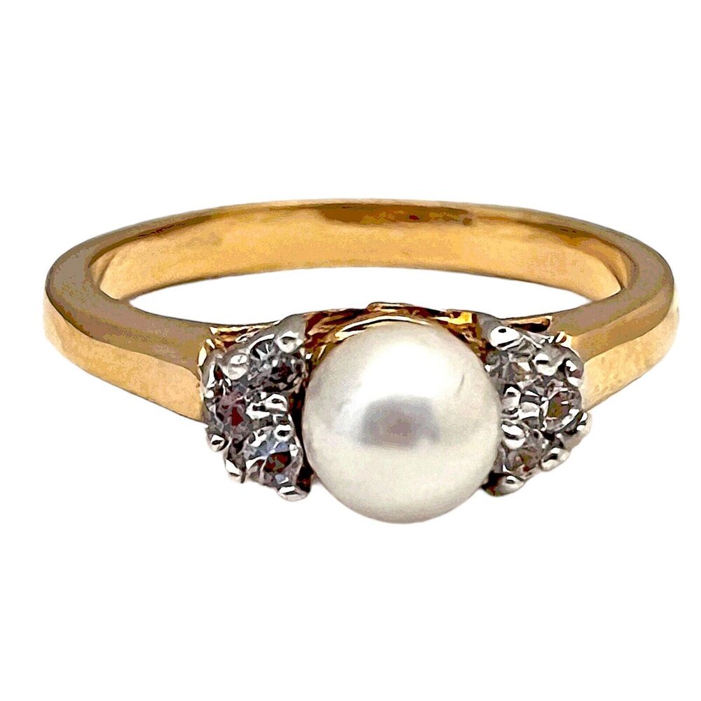 Vintage 1970s Ring Size 6 Simulated Pearl CZ Three Stone Gold Plated - 14M - Picture 10 of 15